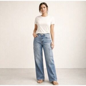 Blue Revival high rise wide leg cargo jeans denim‎